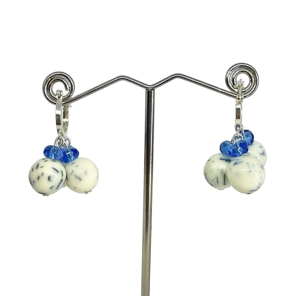 Handcrafted Blue And White Dangle Hoop Earrings With Speckled Beads